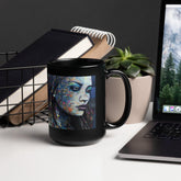 Black glossy mug with inspirational artwork for coffee enthusiasts.