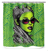 Artistic black ink design on shower curtain enhancing bathroom aesthetics