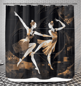 Elegant shower curtain featuring joyful dancing women silhouette, perfect for a lively bathroom decor.