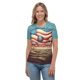 Liberty Creations Women's T-shirt in white, front view, on a model.