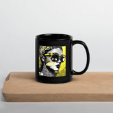 Close-up of Line Lengths black glossy coffee mug.