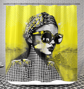 Line Lengths pattern on a stylish shower curtain displayed in a modern bathroom setting.