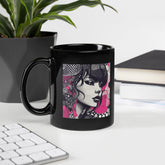 Line Levity black glossy coffee mug on a wooden table.