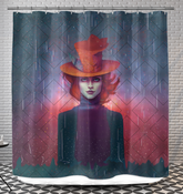 Wonderland Whimsy Shower Curtain hanging in a modern bathroom.