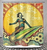 Surfing 1 14 Shower Curtain adding a wave of style to a bathroom setup, with vibrant surf imagery for a refreshing shower experience.
