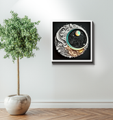 Wrapped canvas featuring leaf and stone design.