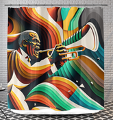 Emo Essence patterned shower curtain adding a stylish flair to bathroom decor.