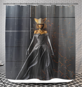 Luxurious Renaissance Revival Shower Curtain hanging in a bathroom.