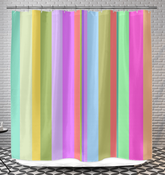 Colorful rainbow striped shower curtain adding a cheerful vibe to bathroom decor.