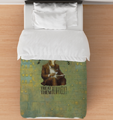 Buffalo playing guitar design on comforter.