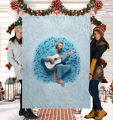 Abstract pattern Sherpa blanket in cozy room setting.