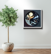 Abstract wave and particle art on wrapped canvas.