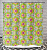 Tribal patterned shower curtain in vibrant colors.