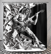 Swing Beat patterned shower curtain hanging in a modern bathroom setting.