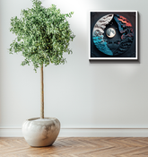 Wrapped canvas depicting fire and water fusion.