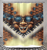 Whispering Wind III Shower Curtain in a stylish bathroom setting.