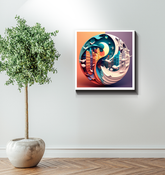 Wrapped canvas depicting crashing waves and calm seas.