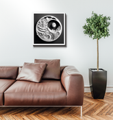 Wrapped canvas depicting digital duality in modern art.