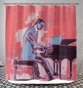 Soft Geometry Shower Curtain enhancing the ambiance of a modern bathroom.