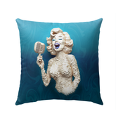 Bright sunflower design on outdoor pillow for garden decor.