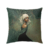 Retro Vibes Beyond Style Outdoor Pillow on a vintage-inspired patio chair.