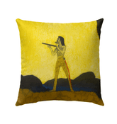 SurArt 105 Outdoor Pillow on garden bench, showcasing its unique art design and outdoor durability.