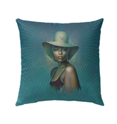 Celestial Harmony Beyond Style Outdoor Pillow on a modern patio chair.