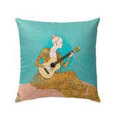 Vibrant floral pattern outdoor pillow on a garden bench.