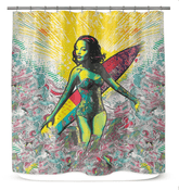 Surfing 1 52 Shower Curtain enhancing a bathroom, with its eye-catching surf design for a lively and refreshing bathing experience.