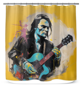 Close-up view of the Midnight Strokes Minimalist Abstract Shower Curtain in a modern bathroom.