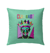 Once Upon a Time themed outdoor pillow on garden bench