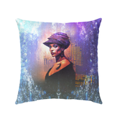Celestial Glow Beyond Style Outdoor Pillow on a stylish outdoor bench.