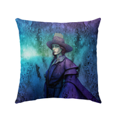 Mystic Night Beyond Style Outdoor Pillow on a moonlit patio chair.