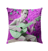 Bamboo-patterned outdoor pillow resting on a garden bench.