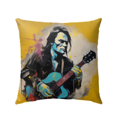 Vibrant Mountain Silhouettes on Outdoor Pillow against a backdrop of clear sky.