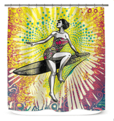Surfing 1 13 Shower Curtain enhancing a bathroom with its eye-catching surf design, making every shower feel like a day at the beach.