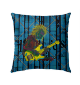 Lotus Love outdoor pillow on a patio chair, showcasing its vibrant design and outdoor durability.