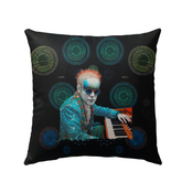 Vibrant pansy pattern on durable outdoor pillow for garden seating.