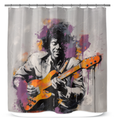 Sunset Blaze minimalist abstract shower curtain in a bright bathroom setting.