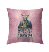 Decorative cow sailor outdoor pillow on patio furniture.