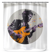 Misty Peaks Minimalist Abstract Shower Curtain displaying tranquil mountain peaks in a modern bathroom.