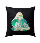 Close-up view of Daisy Chain Outdoor Pillow showcasing its vibrant pattern and texture.