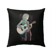 Colorful Petal Dance pillow on outdoor lounge chair