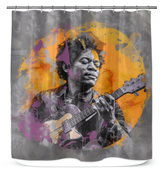 Sapphire Haze Minimalist Abstract Shower Curtain hanging in a bathroom.