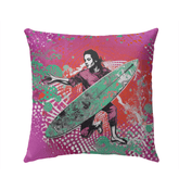 Vibrant Surfing 5 10 Outdoor Pillow with eye-catching surf design for stylish outdoor lounging.