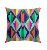 Garden Serenade Art Nouveau Outdoor Pillow on a patio chair.