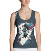 Close-up of No Excuses Just Results tank top showing the sublimation print.