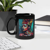 Artistic black glossy mug with pencil portraiture design