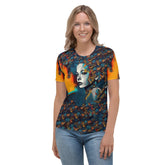 Woman wearing Pencil Progression graphic t-shirt in modern style.