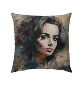 Vibrant pop art design on outdoor pillow enhancing garden decor.